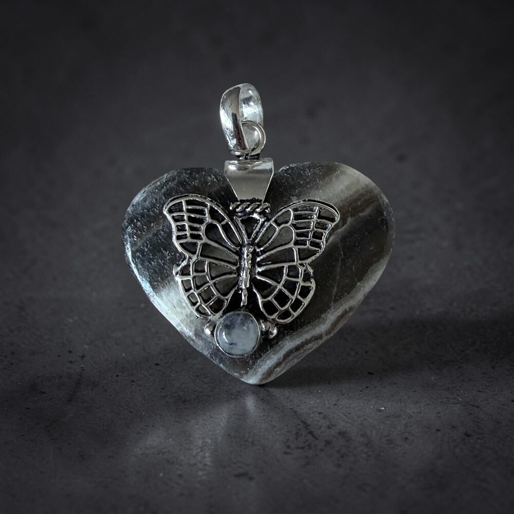 Zebra Calcite & Moonstone Butterfly Heart Pendant 925 Overlay